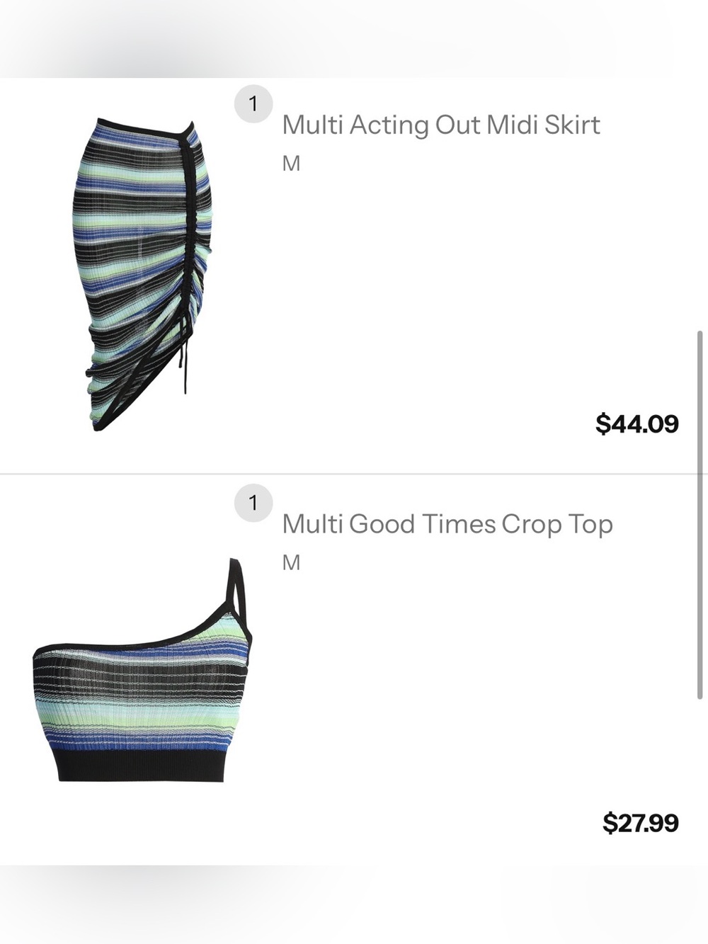 JLUXLABEL Multi-Striped One-Shoulder Crop Top in Blue and Green
